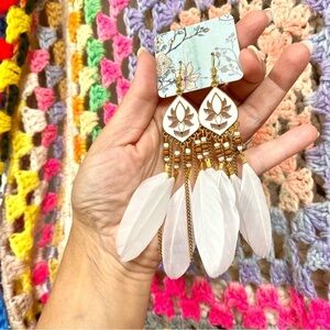 DREAMY white feather Boho statement earrings w Gypsy southwestern Navajo vibe